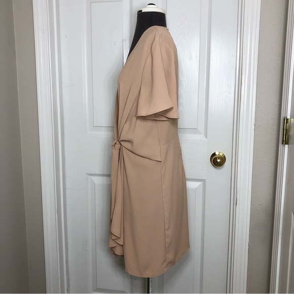 Entro V Neck Adjustable Knot Detail Cape Sleeve Zipper Dusty Rose Tan Dress L - Picture 5 of 14